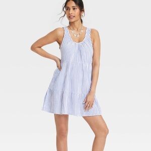 Universal Thread Blue & White Striped Sleeveless Tiered Dress WITH POCKETS